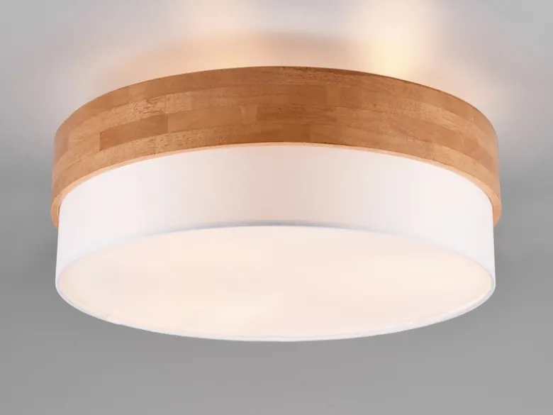 LED Deckenleuchte Holzlampe mit Stoffschirm Weiß, Ø 50cm