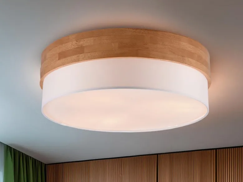 LED Deckenleuchte Holzlampe mit Stoffschirm Weiß, Ø 50cm