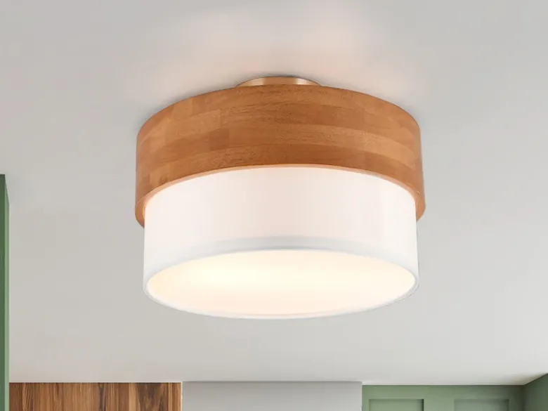 LED Deckenleuchte Holzlampe mit Stoffschirm Weiß, Ø 30cm