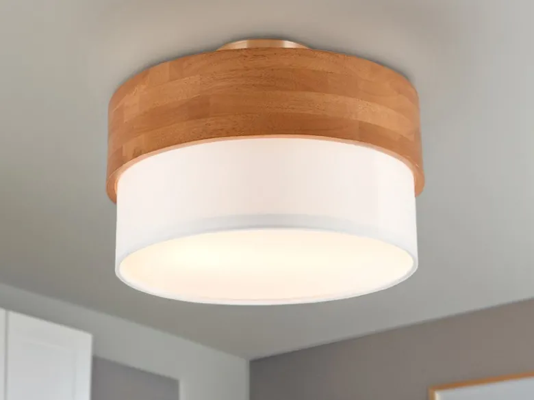 LED Deckenleuchte Holzlampe mit Stoffschirm Weiß, Ø 30cm