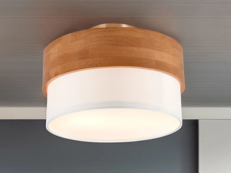 LED Deckenleuchte Holzlampe mit Stoffschirm Weiß, Ø 30cm