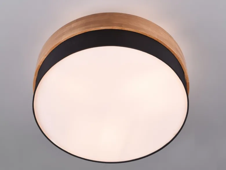 LED Deckenleuchte Holzlampe mit Stoffschirm Schwarz, Ø 50cm