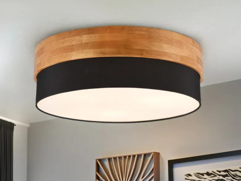 LED Deckenleuchte Holzlampe mit Stoffschirm Schwarz, Ø 50cm