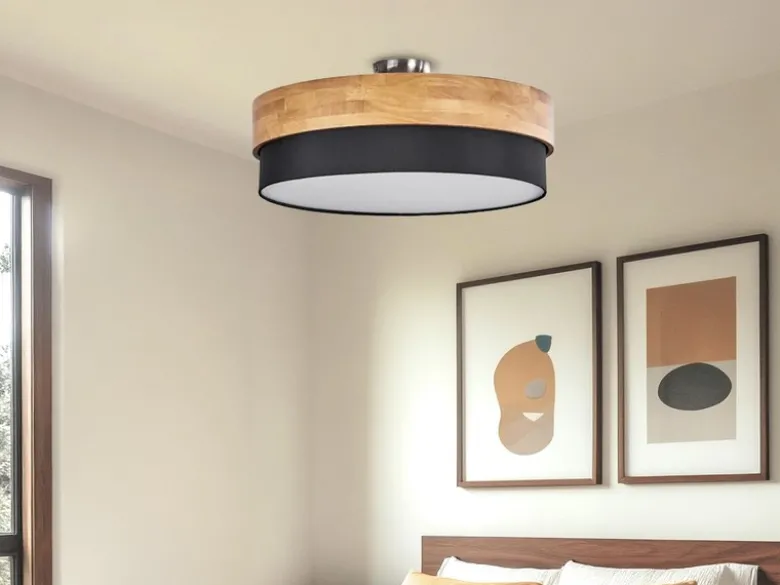 LED Deckenleuchte Holzlampe mit Stoffschirm Schwarz, Ø 50cm