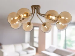 LED Deckenleuchte in Gold mit 8 Glaskugeln Bernsteinfarbig, Breite 88cm
