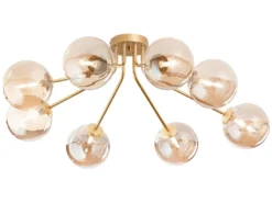 LED Deckenleuchte in Gold mit 8 Glaskugeln Bernsteinfarbig, Breite 88cm