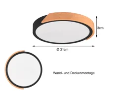 LED Deckenleuchte JANO rund Schwarz mit Holz, 3 Stufen Dimmer, Ø 31cm