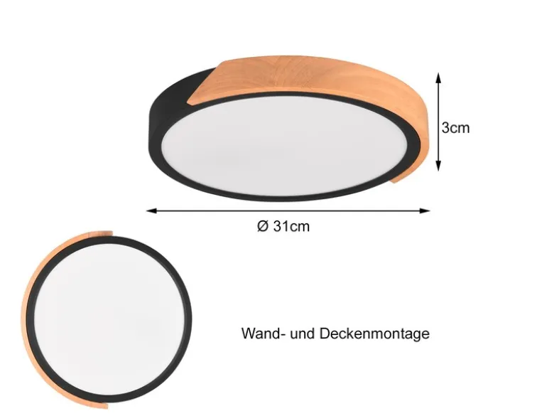 LED Deckenleuchte JANO rund Schwarz mit Holz, 3 Stufen Dimmer, Ø 31cm
