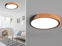 LED Deckenleuchte JANO rund Schwarz mit Holz, 3 Stufen Dimmer, Ø 31cm