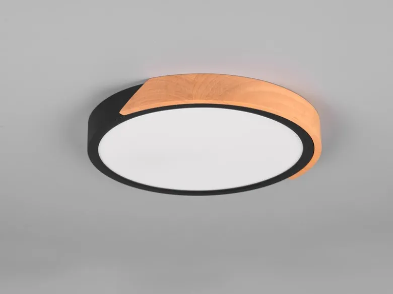 LED Deckenleuchte JANO rund Schwarz mit Holz, 3 Stufen Dimmer, Ø 31cm