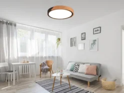LED Deckenleuchte JANO rund Schwarz mit Holz, 3 Stufen Dimmer, Ø 31cm
