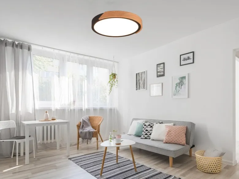 LED Deckenleuchte JANO rund Schwarz mit Holz, 3 Stufen Dimmer, Ø 31cm
