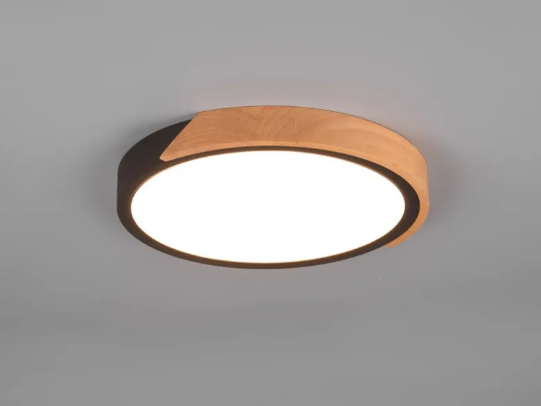 LED Deckenleuchte JANO rund Schwarz mit Holz, 3 Stufen Dimmer, Ø 31cm