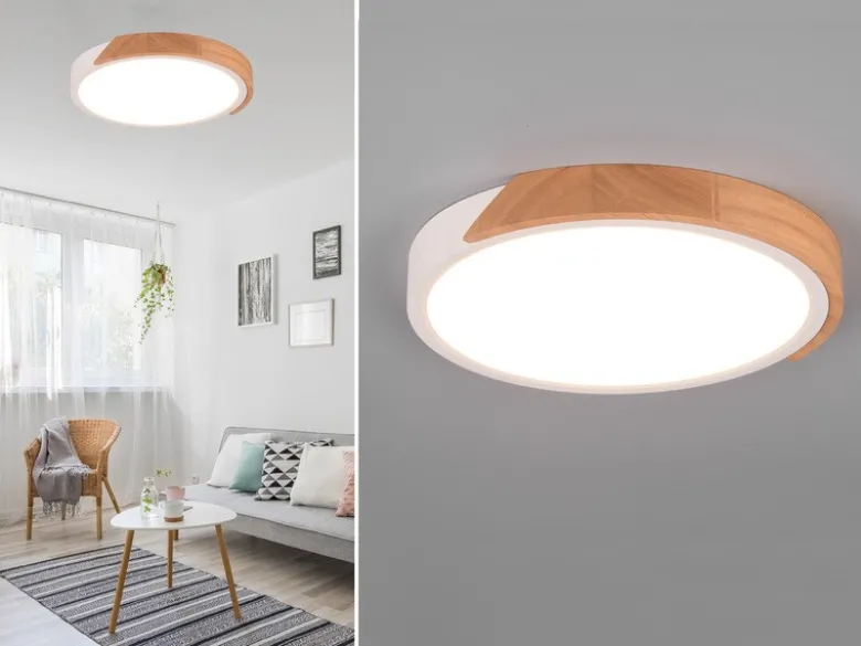 LED Deckenleuchte JANO rund Weiß mit Holz, 3 Stufen Dimmer, Ø31cm