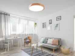 LED Deckenleuchte JANO rund Weiß mit Holz, 3 Stufen Dimmer, Ø31cm