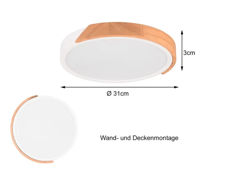LED Deckenleuchte JANO rund Weiß mit Holz, 3 Stufen Dimmer, Ø31cm