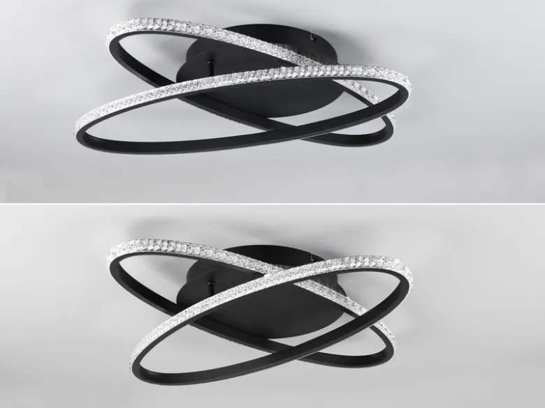 LED Deckenleuchte LANE dimmbar, Kristall Ringe oval schwenkbar Schwarz, Ø 58cm