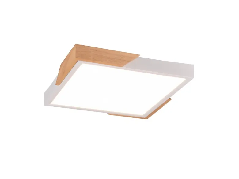 LED Deckenleuchte META eckig Weiß mit Holz, 3 Stufen Dimmer, Quadrat 31cm