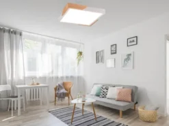 LED Deckenleuchte META eckig Weiß mit Holz, 3 Stufen Dimmer, Quadrat 31cm