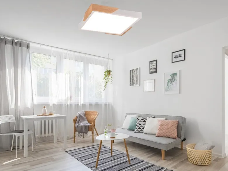 LED Deckenleuchte META eckig Weiß mit Holz, 3 Stufen Dimmer, Quadrat 31cm