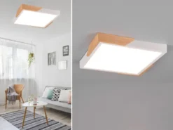 LED Deckenleuchte META eckig Weiß mit Holz, 3 Stufen Dimmer, Quadrat 31cm