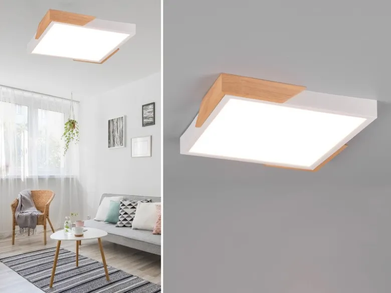 LED Deckenleuchte META eckig Weiß mit Holz, 3 Stufen Dimmer, Quadrat 31cm