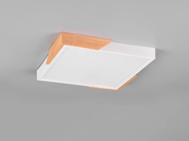 LED Deckenleuchte META eckig Weiß mit Holz, 3 Stufen Dimmer, Quadrat 31cm
