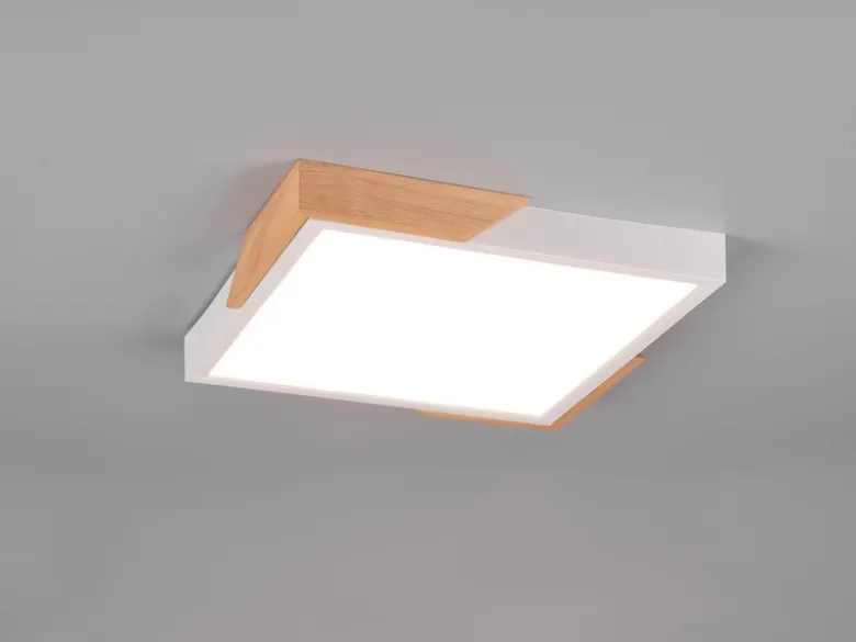 LED Deckenleuchte META eckig Weiß mit Holz, 3 Stufen Dimmer, Quadrat 31cm