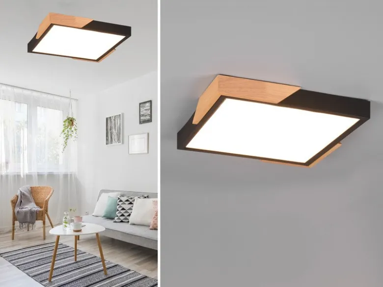 LED Deckenleuchte META eckig Schwarz mit Holz, 3 Stufen Dimmer, Quadrat 31cm