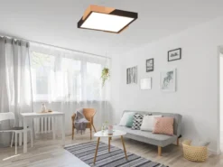 LED Deckenleuchte META eckig Schwarz mit Holz, 3 Stufen Dimmer, Quadrat 31cm