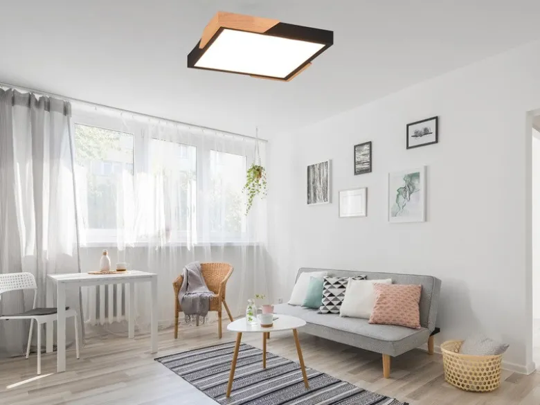 LED Deckenleuchte META eckig Schwarz mit Holz, 3 Stufen Dimmer, Quadrat 31cm