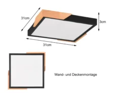 LED Deckenleuchte META eckig Schwarz mit Holz, 3 Stufen Dimmer, Quadrat 31cm