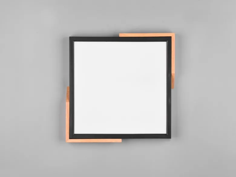 LED Deckenleuchte META eckig Schwarz mit Holz, 3 Stufen Dimmer, Quadrat 31cm