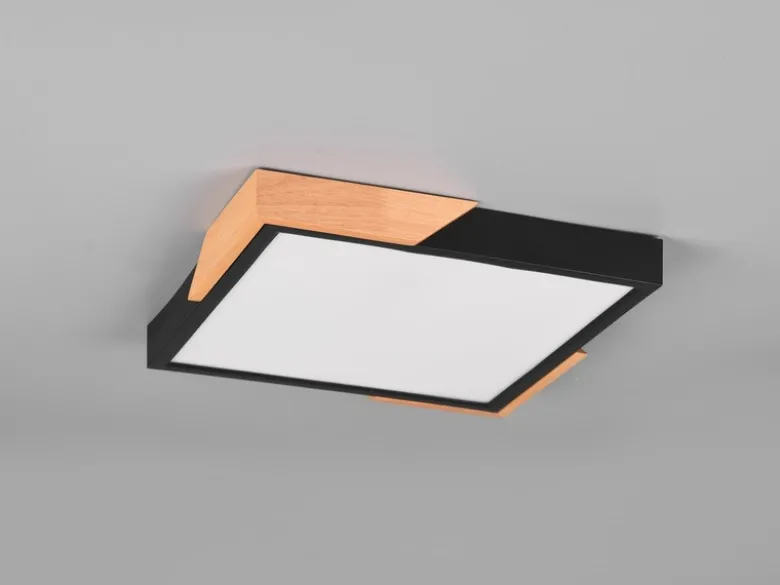 LED Deckenleuchte META eckig Schwarz mit Holz, 3 Stufen Dimmer, Quadrat 31cm
