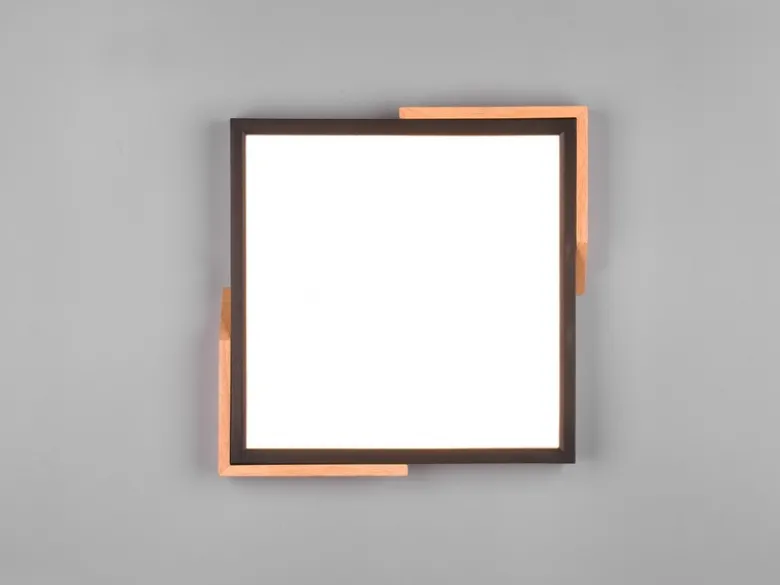 LED Deckenleuchte META eckig Schwarz mit Holz, 3 Stufen Dimmer, Quadrat 31cm
