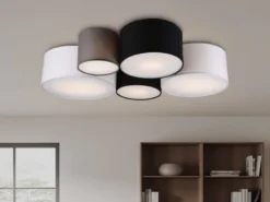 LED Deckenleuchte mit fünf Stoffschirmen mehrfarbig, Breite 90cm