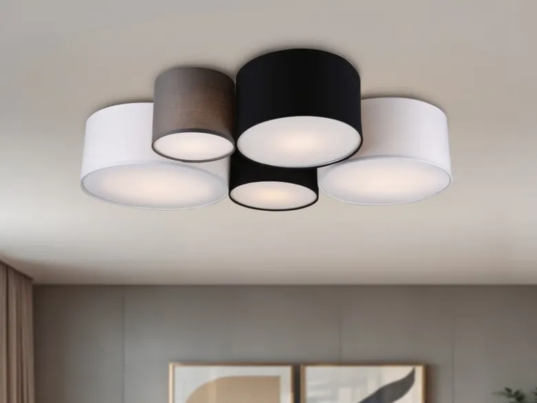 LED Deckenleuchte mit fünf Stoffschirmen mehrfarbig, Breite 90cm