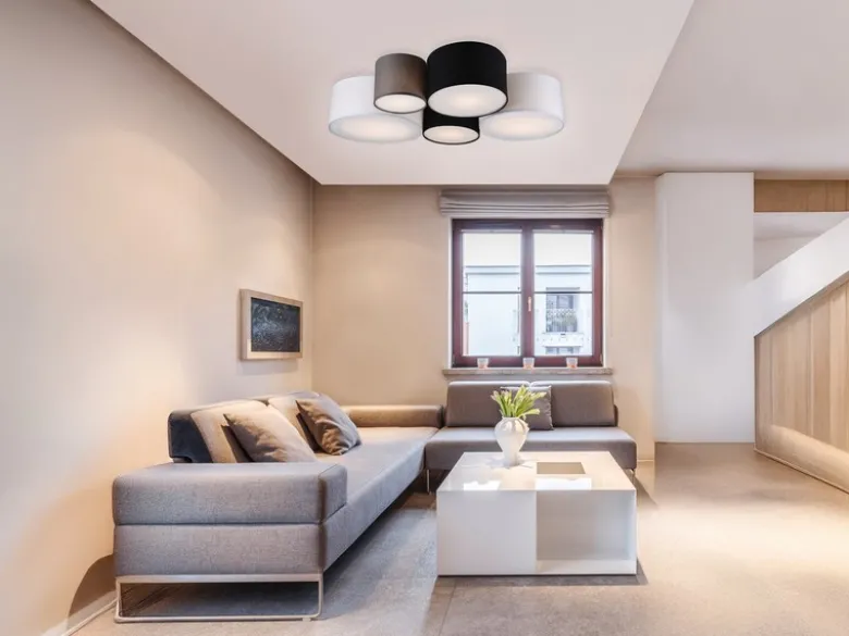 LED Deckenleuchte mit fünf Stoffschirmen mehrfarbig, Breite 90cm