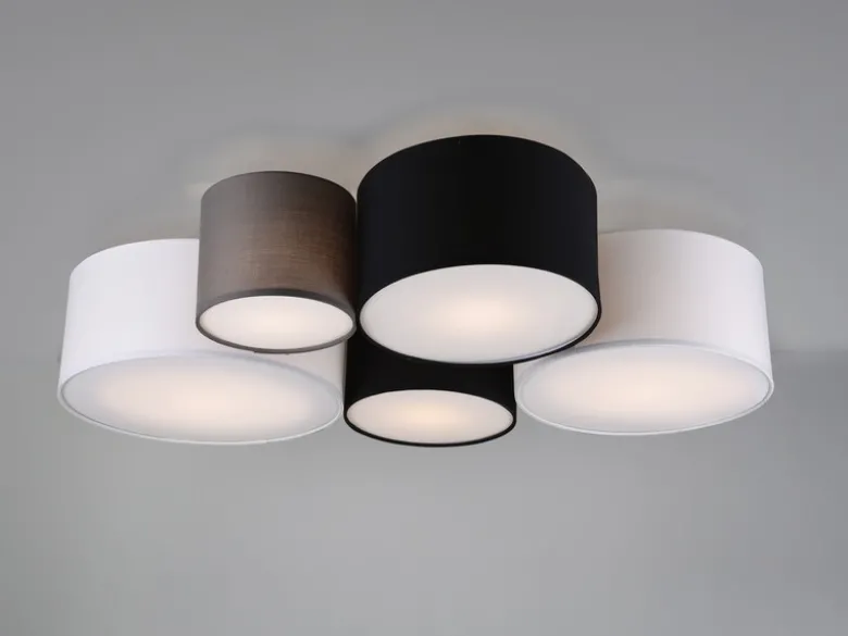 LED Deckenleuchte mit fünf Stoffschirmen mehrfarbig, Breite 90cm