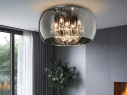 LED Deckenleuchte mit Glas Chrom in Rauchglas Optik & Kristallbehang Ø 40cm