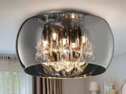 LED Deckenleuchte mit Glas Chrom in Rauchglas Optik & Kristallbehang Ø 40cm
