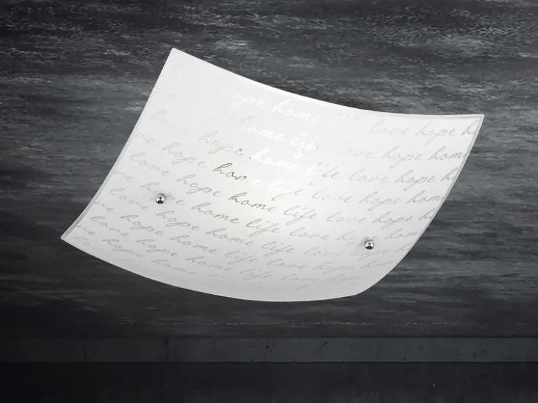 LED Deckenleuchte mit Glasschirm Weiß & Schriftdekor, Quadrat 30cm