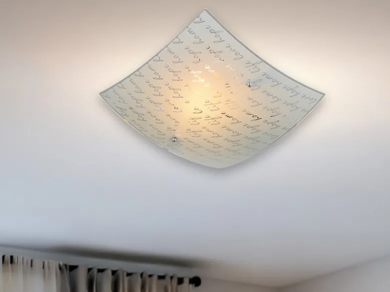 LED Deckenleuchte mit Glasschirm Weiß & Schriftdekor, Quadrat 30cm