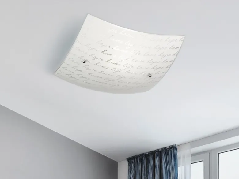 LED Deckenleuchte mit Glasschirm Weiß & Schriftdekor, Quadrat 30cm