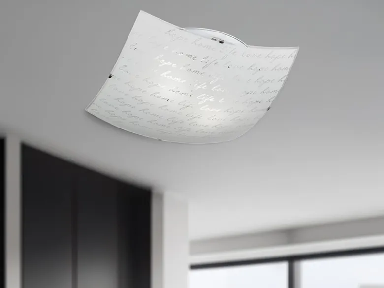 LED Deckenleuchte mit Glasschirm Weiß & Schriftdekor, Quadrat 40cm