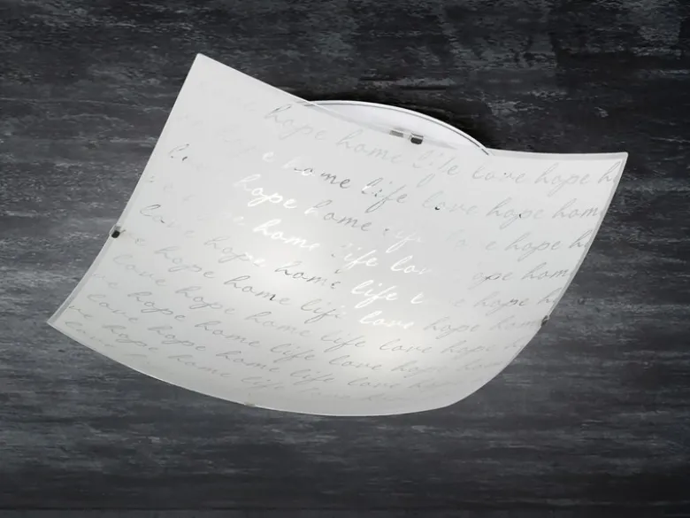 LED Deckenleuchte mit Glasschirm Weiß & Schriftdekor, Quadrat 40cm