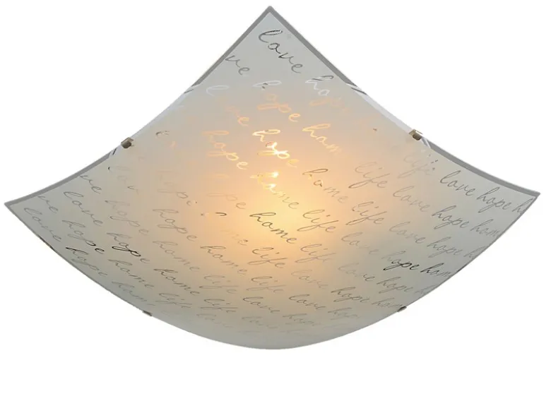 LED Deckenleuchte mit Glasschirm Weiß & Schriftdekor, Quadrat 40cm