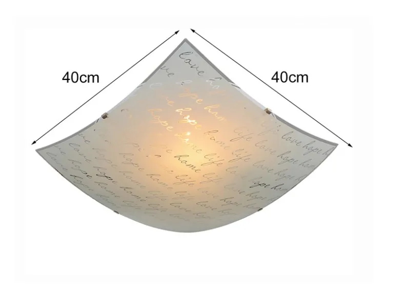 LED Deckenleuchte mit Glasschirm Weiß & Schriftdekor, Quadrat 40cm