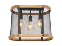 LED Deckenleuchte mit Holz & Gitter Schwarz 3-flammig, Breite 45cm