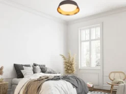 LED Deckenleuchte mit Stofflampenschirm in Braun/Gold, Ø 45cm